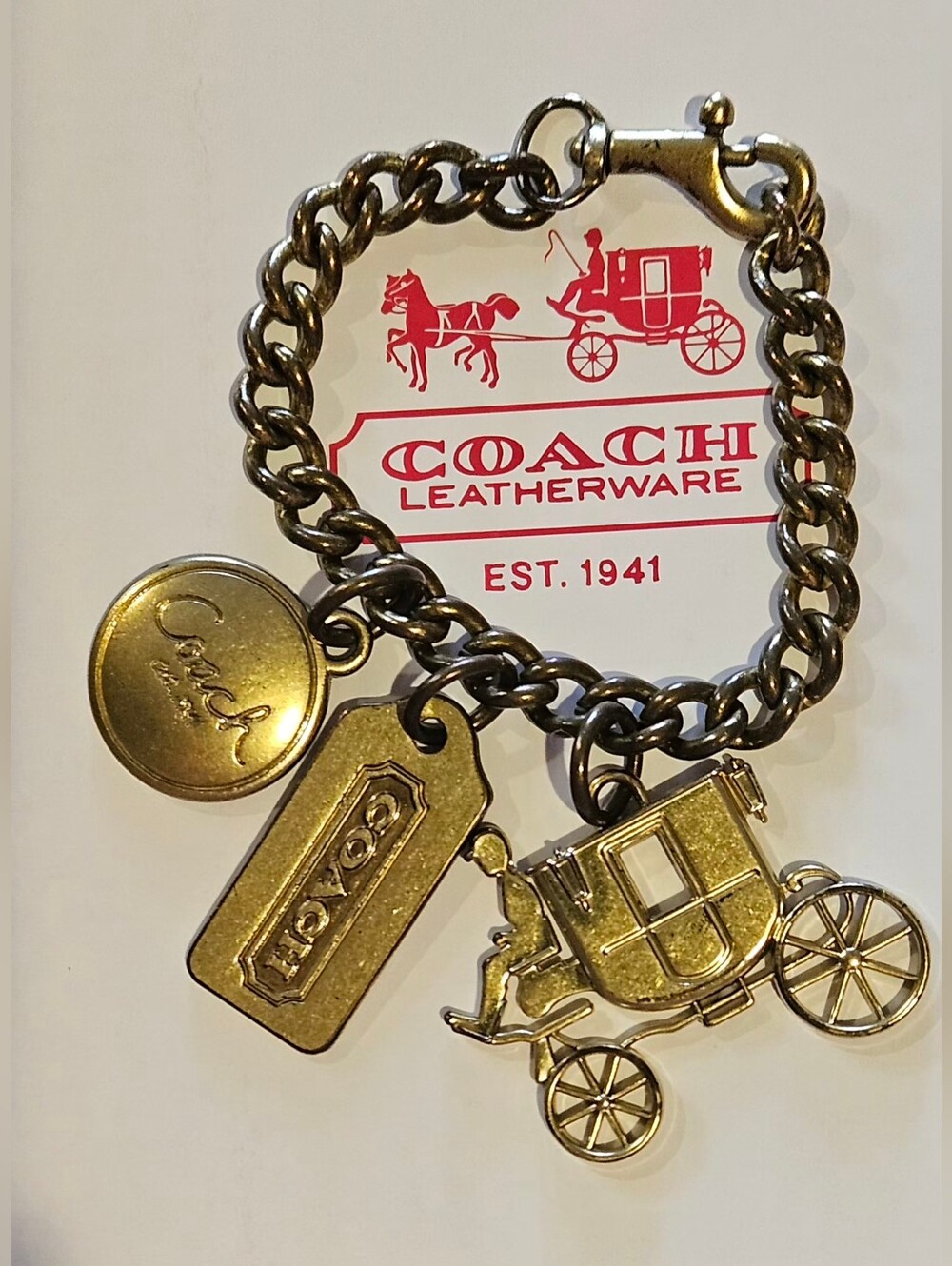Coach Horse Carriage Logo Bag Charm Vintage Gold Tone Keychain